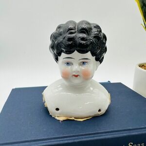 Vintage Porcelain German Doll Head Victorian Black Hair Blue Eyes 4.5" tall